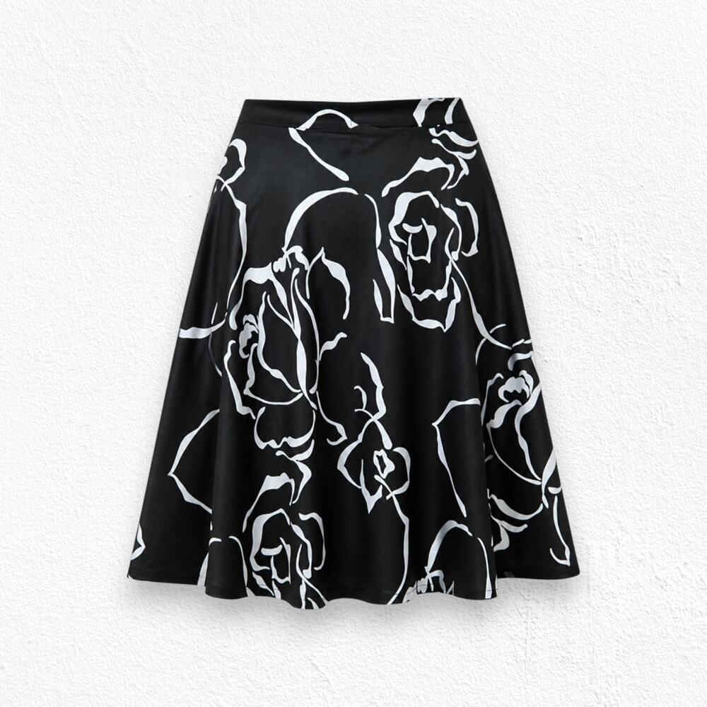 Vintage 80s Black White Floral Midi Skirt USA Made High Waist Flare Skirt 14